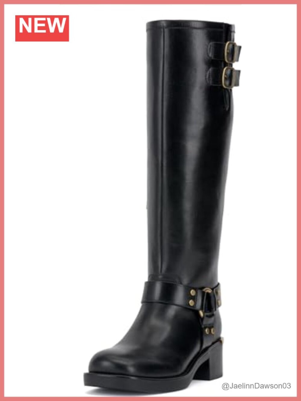 Wide Calf Leather Knee High Motorcycle Boot Stacked Heel
